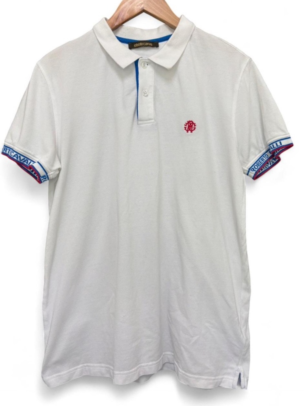 Roberto Cavalli Polo Shirt Men's L White Blue Red Cotton Short Sleeve Logo